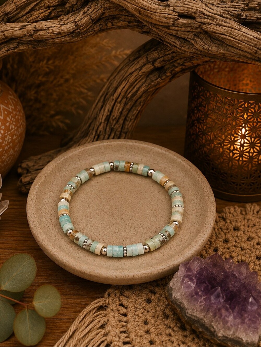 Amazonite & African Turquoise Stretch Bracelet, Boho Gemstone Jewelry, Gift Her